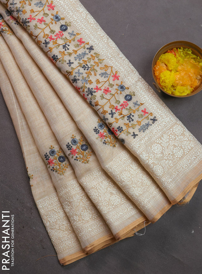 Linen cotton saree cream and grey with kantha stitch work and embroidered border