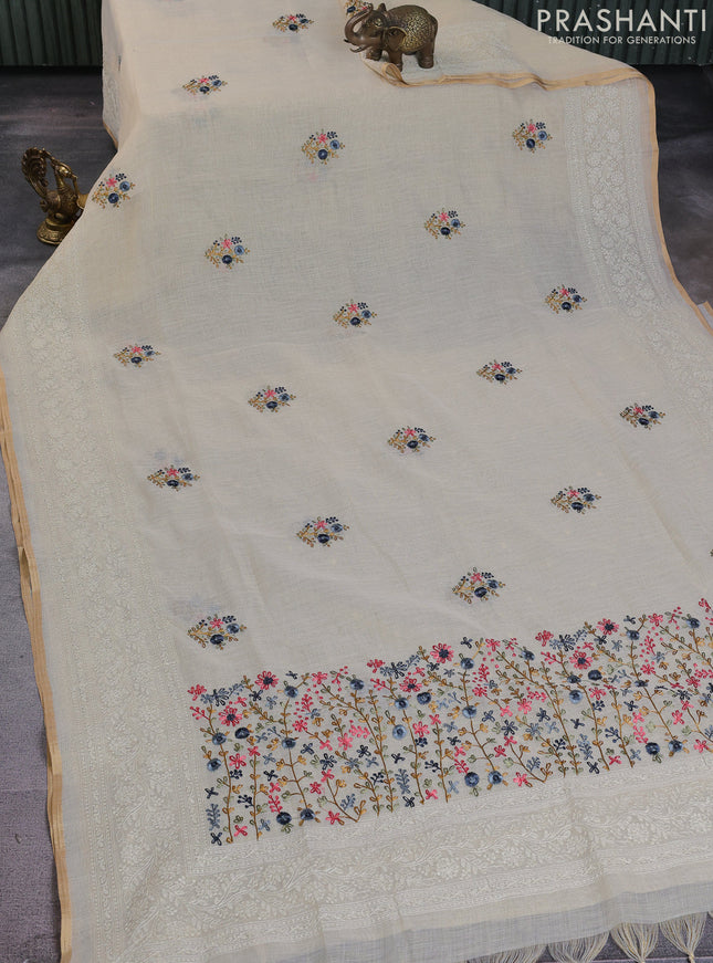 Linen cotton saree cream and grey with kantha stitch work and embroidered border