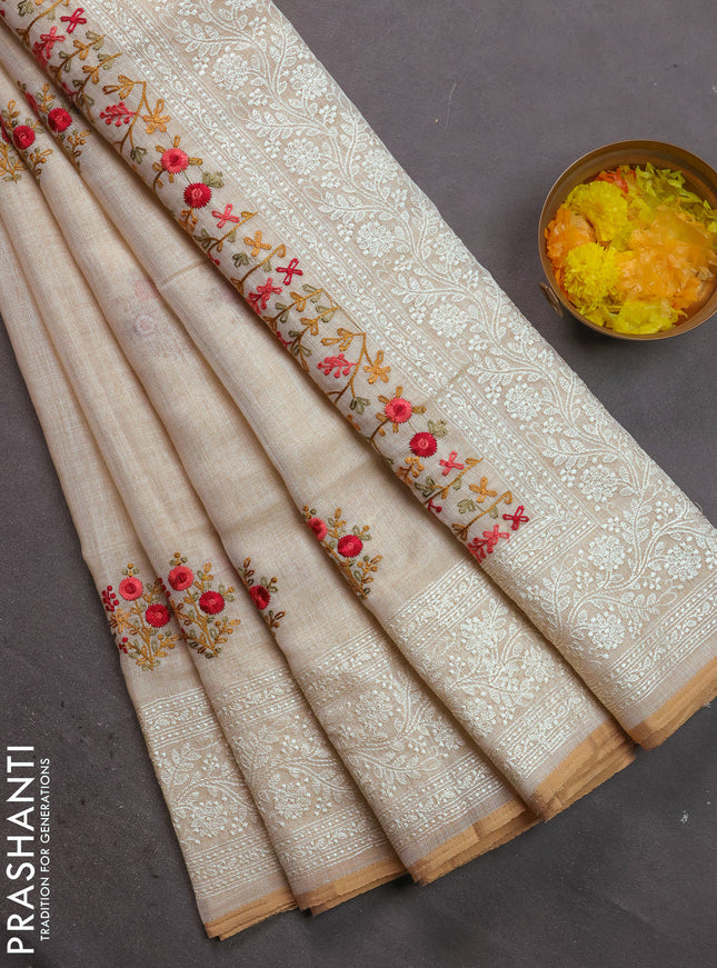 Linen cotton saree cream and maroon with kantha stitch work and embroidered border