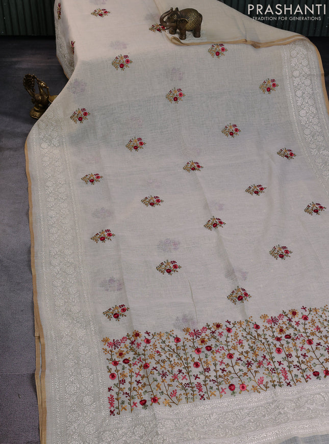 Linen cotton saree cream and maroon with kantha stitch work and embroidered border