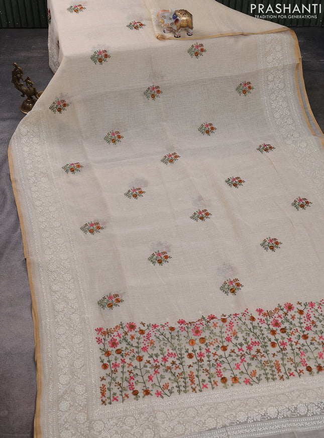 Linen cotton saree cream and pastel green with kantha stitch work and embroidered border