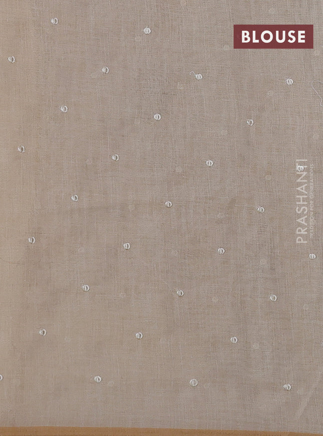 Linen cotton saree cream and pastel green with kantha stitch work and embroidered border