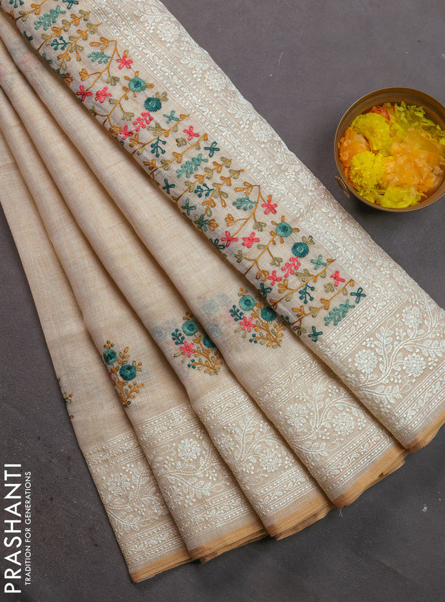 Linen cotton saree cream and teal green with kantha stitch work and embroidered border