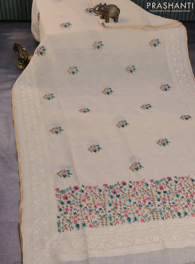 Linen cotton saree cream and teal green with kantha stitch work and embroidered border