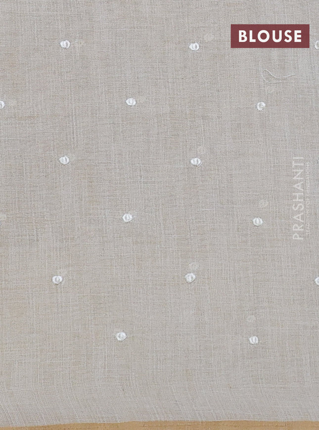 Linen cotton saree cream and teal green with kantha stitch work and embroidered border