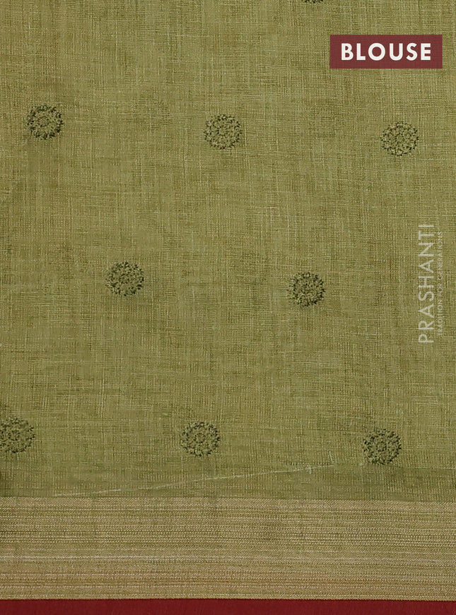 Linen cotton saree light green with allover embroidery work and embroidered zari border