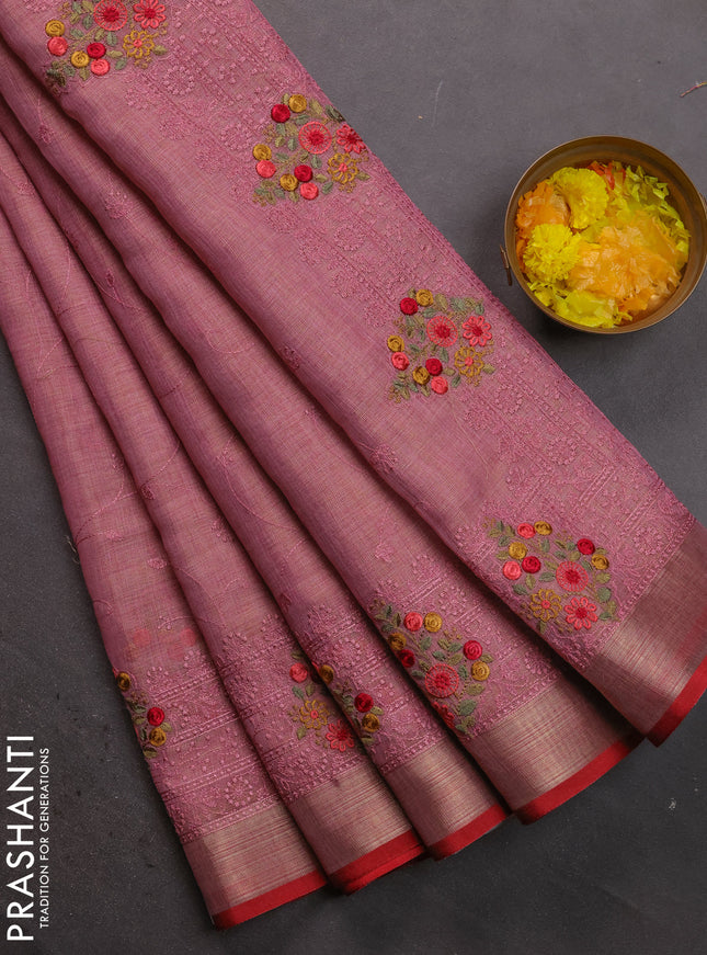 Linen cotton saree pastel pink with allover embroidery work and embroidered zari border