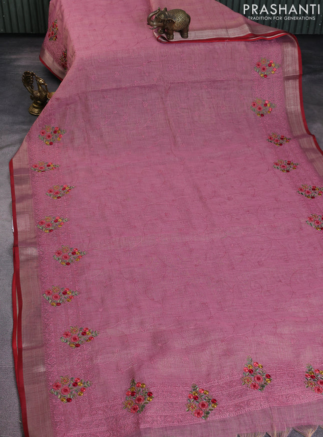 Linen cotton saree pastel pink with allover embroidery work and embroidered zari border
