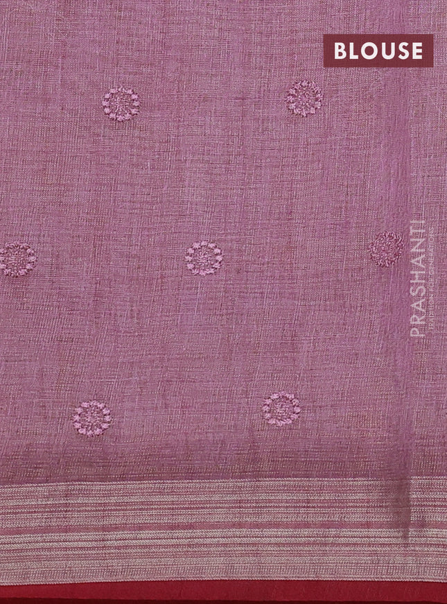 Linen cotton saree pastel pink with allover embroidery work and embroidered zari border