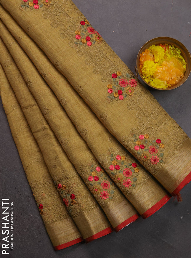 Linen cotton saree lime green with allover embroidery work and embroidered zari border