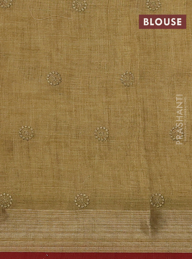 Linen cotton saree lime green with allover embroidery work and embroidered zari border