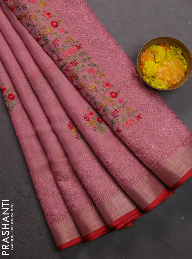 Linen cotton saree pastel pink with kantha stitch work and embroidered zari border