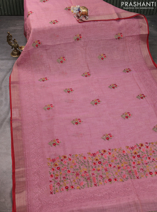 Linen cotton saree pastel pink with kantha stitch work and embroidered zari border