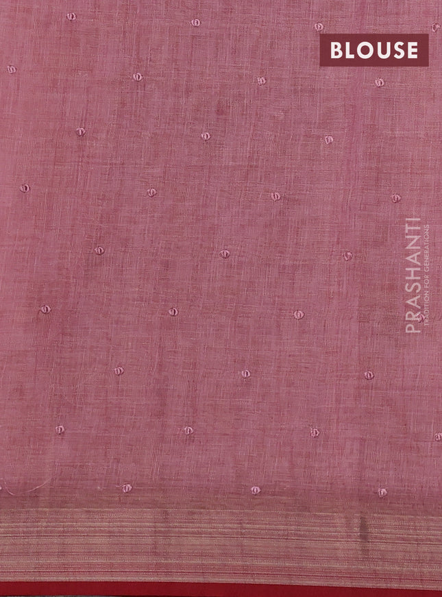 Linen cotton saree pastel pink with kantha stitch work and embroidered zari border