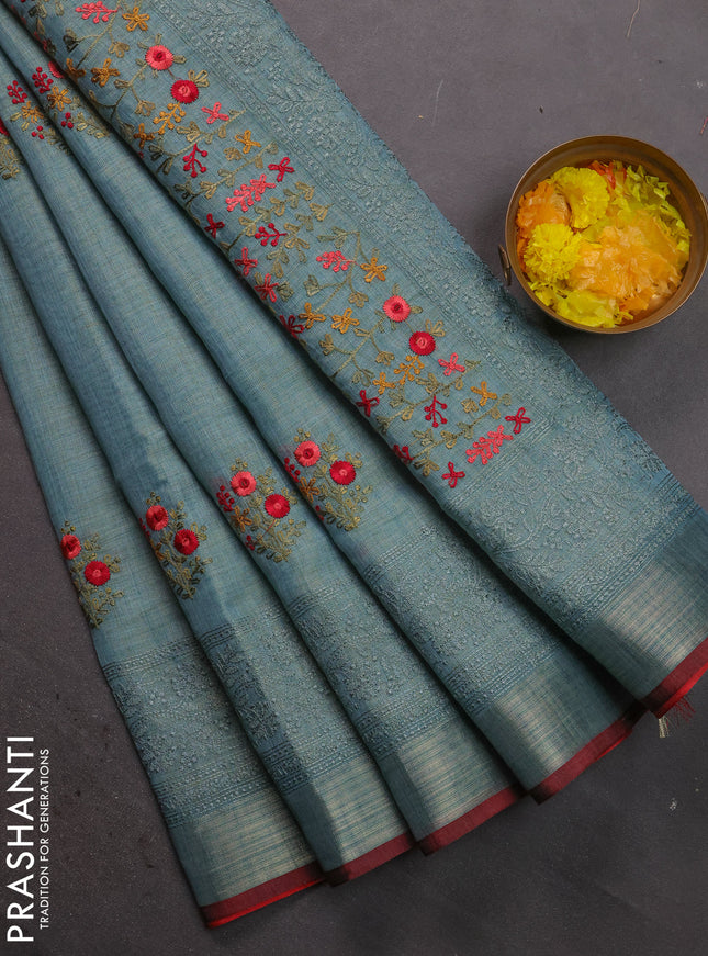 Linen cotton saree pastel blue with kantha stitch work and embroidered zari border