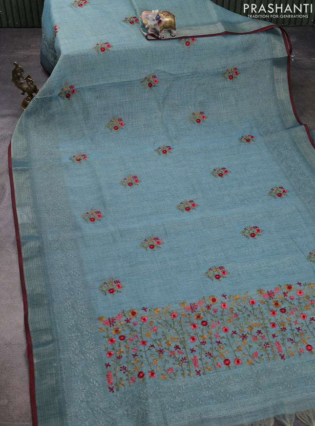 Linen cotton saree pastel blue with kantha stitch work and embroidered zari border
