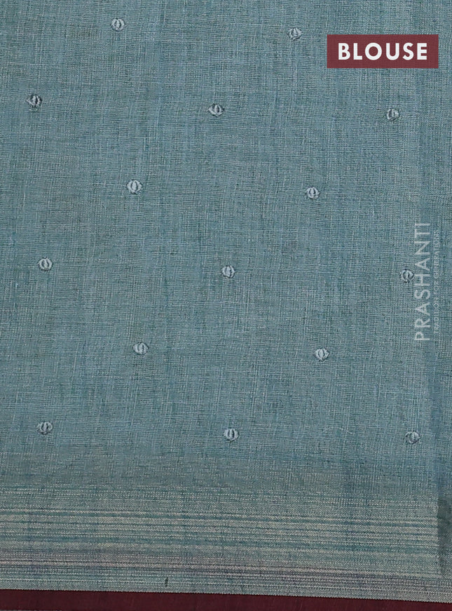 Linen cotton saree pastel blue with kantha stitch work and embroidered zari border