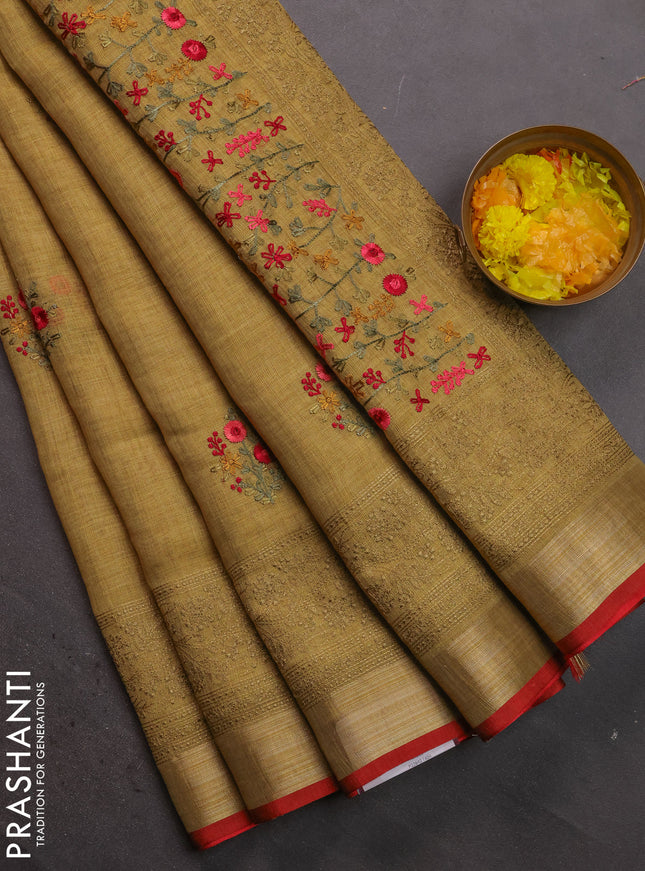 Linen cotton saree elaichi green with kantha stitch work and embroidered zari border