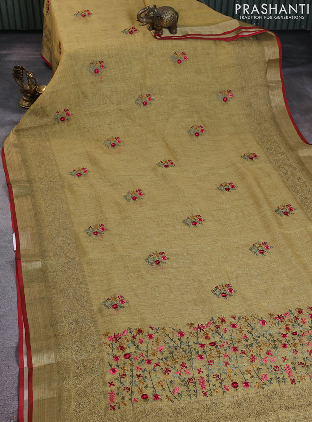 Linen cotton saree elaichi green with kantha stitch work and embroidered zari border
