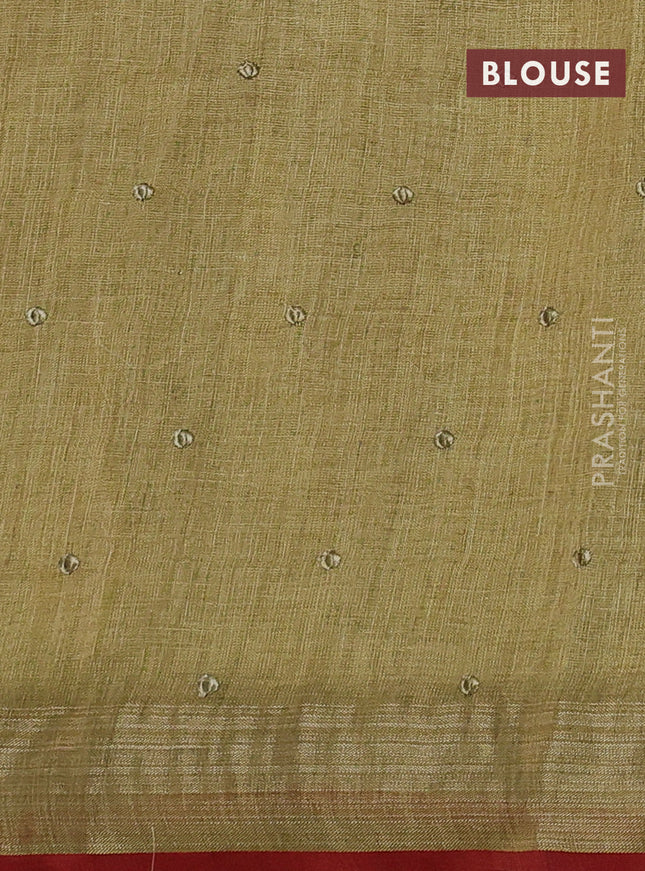 Linen cotton saree elaichi green with kantha stitch work and embroidered zari border