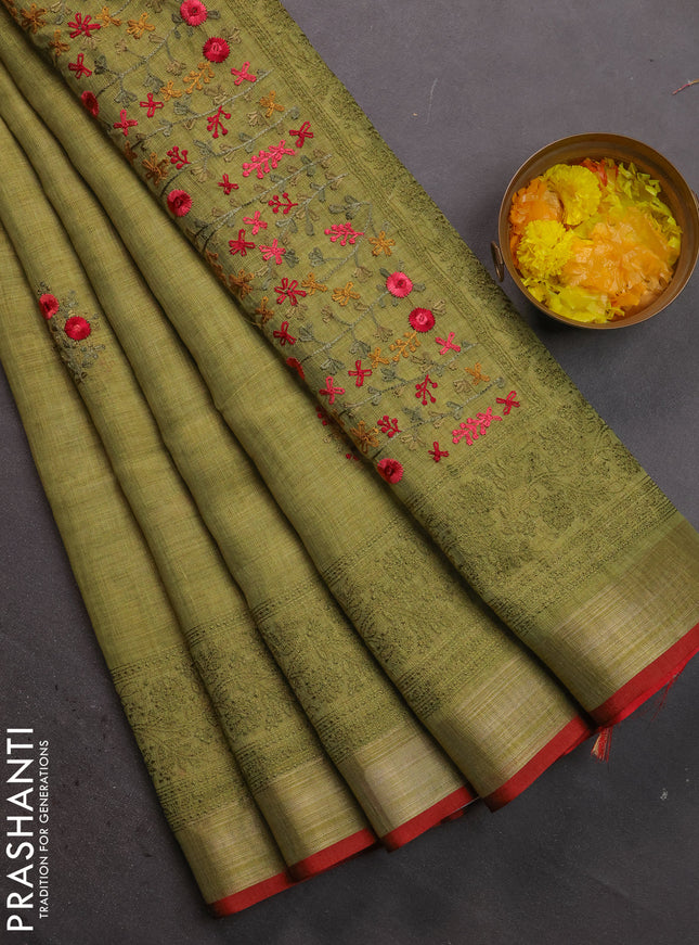 Linen cotton saree light green and maroon with kantha stitch work and embroidered zari border