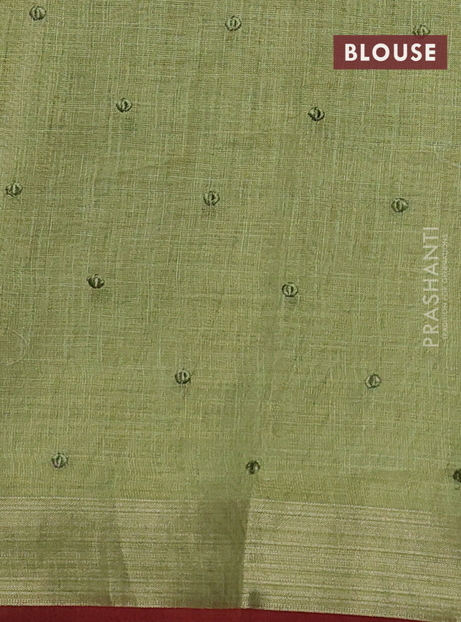 Linen cotton saree light green and maroon with kantha stitch work and embroidered zari border