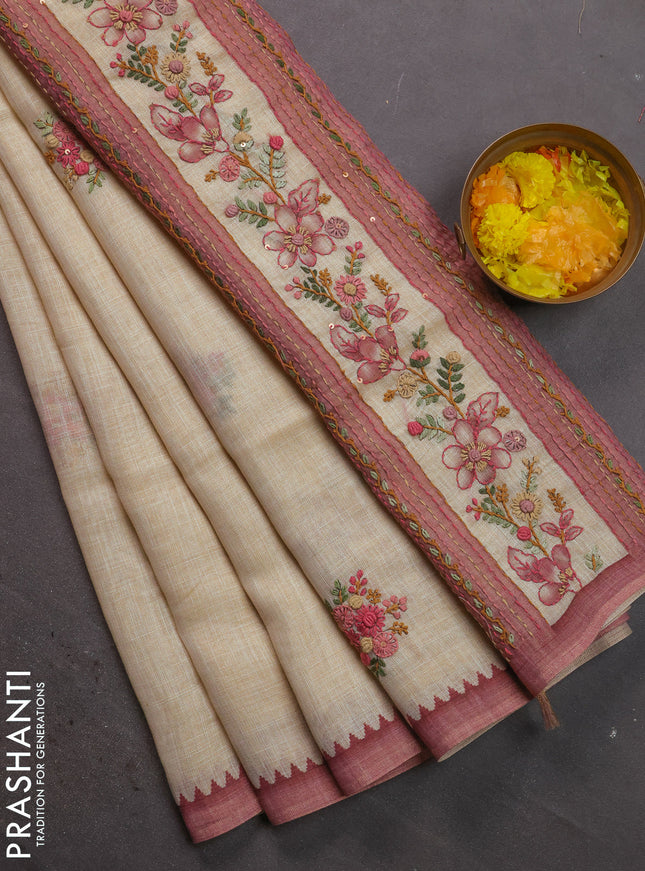 Linen cotton saree cream and pastel pink with kantha stitch work and zari woven border