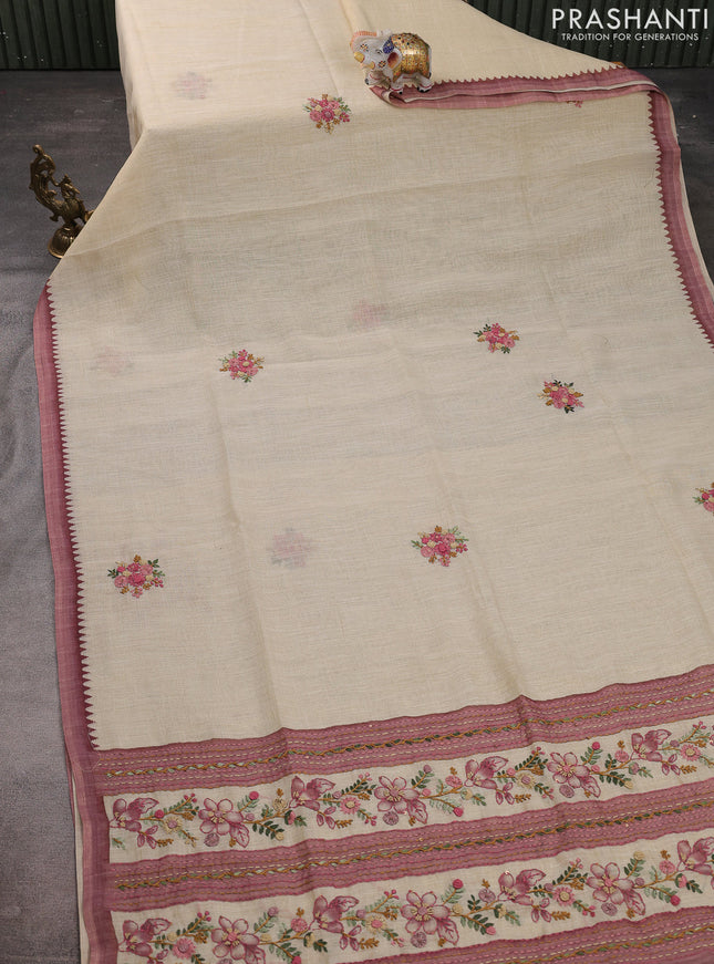 Linen cotton saree cream and pastel pink with kantha stitch work and zari woven border