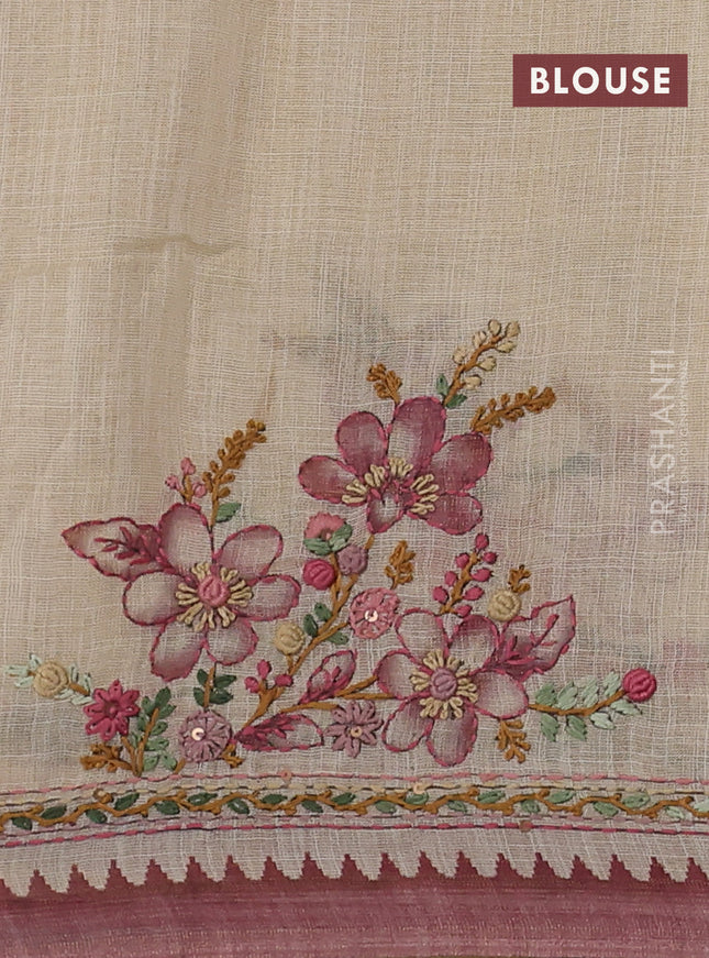 Linen cotton saree cream and pastel pink with kantha stitch work and zari woven border
