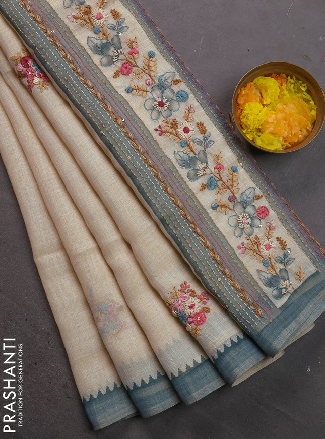 Linen cotton saree cream and pastel blue with kantha stitch work and zari woven border