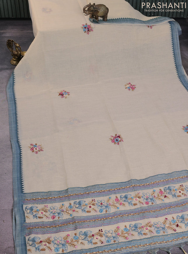 Linen cotton saree cream and pastel blue with kantha stitch work and zari woven border