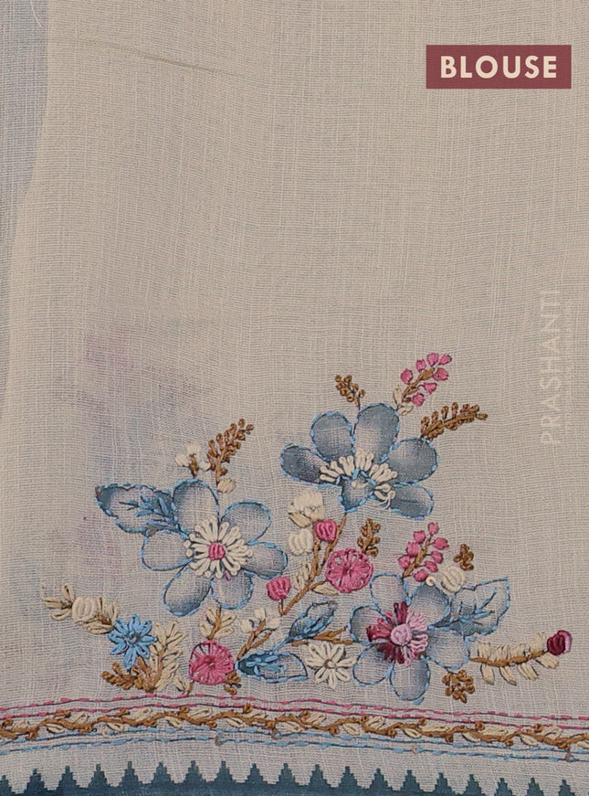 Linen cotton saree cream and pastel blue with kantha stitch work and zari woven border