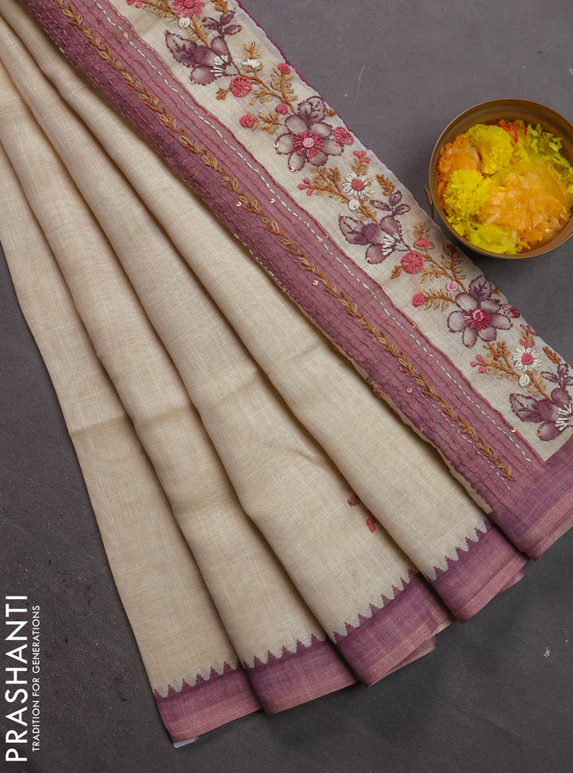 Linen cotton saree cream and pastel purple with kantha stitch work and zari woven border