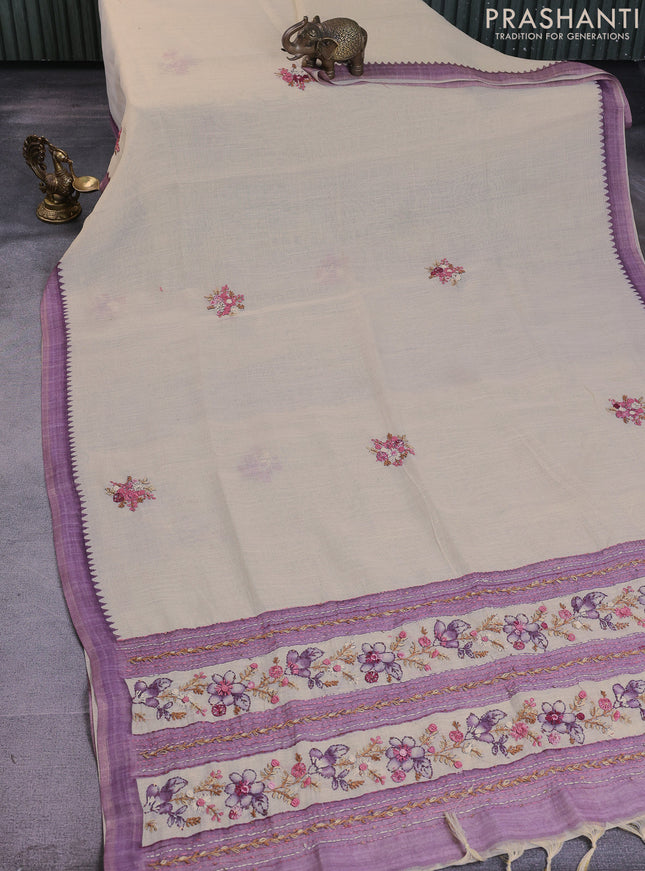 Linen cotton saree cream and pastel purple with kantha stitch work and zari woven border