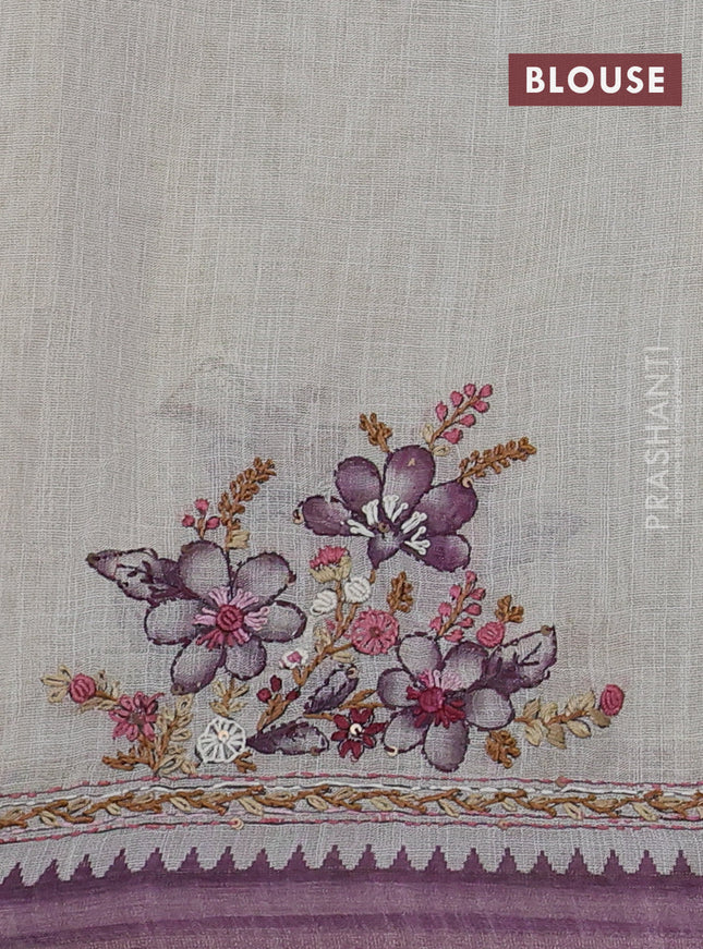 Linen cotton saree cream and pastel purple with kantha stitch work and zari woven border