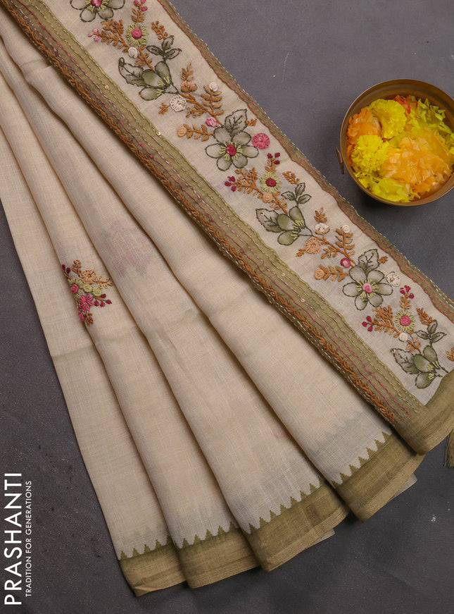Linen cotton saree cream and light green with kantha stitch work and zari woven border