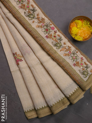Linen cotton saree cream and light green with kantha stitch work and zari woven border
