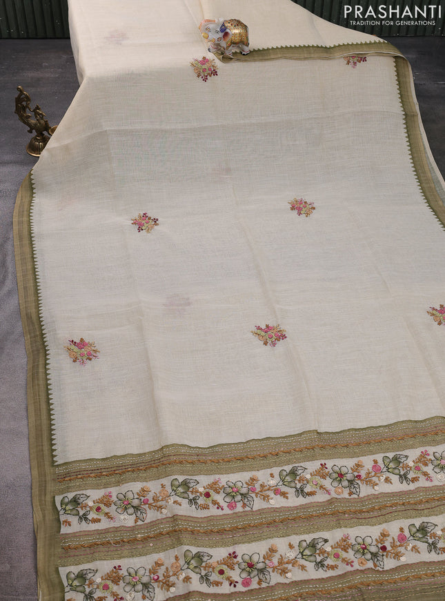 Linen cotton saree cream and light green with kantha stitch work and zari woven border