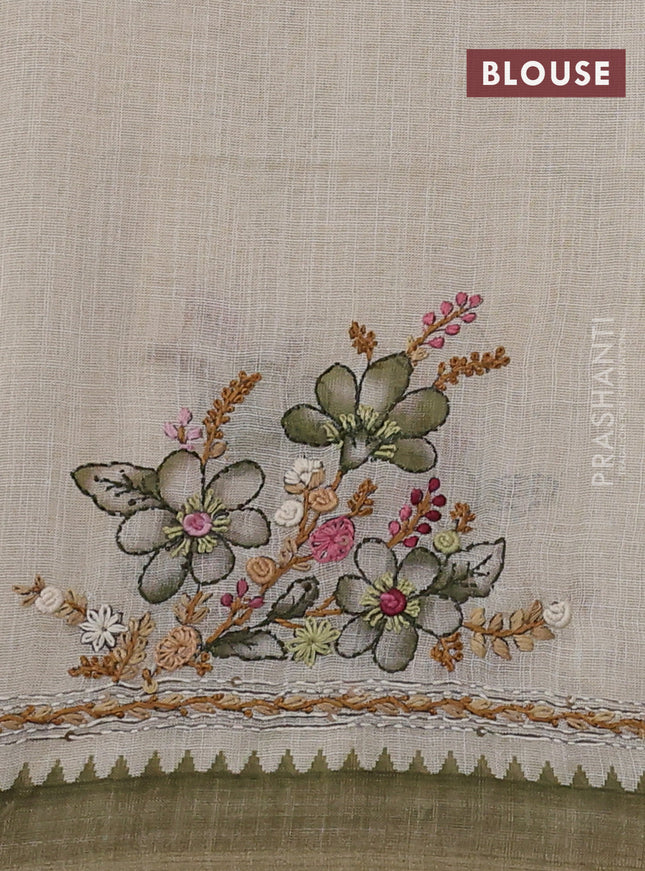 Linen cotton saree cream and light green with kantha stitch work and zari woven border