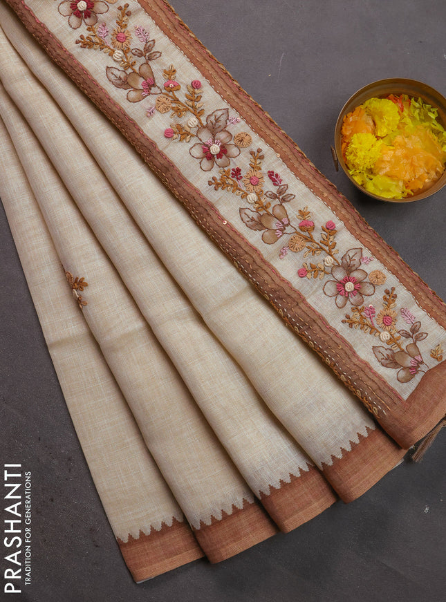 Linen cotton saree cream and brown with kantha stitch work and zari woven border