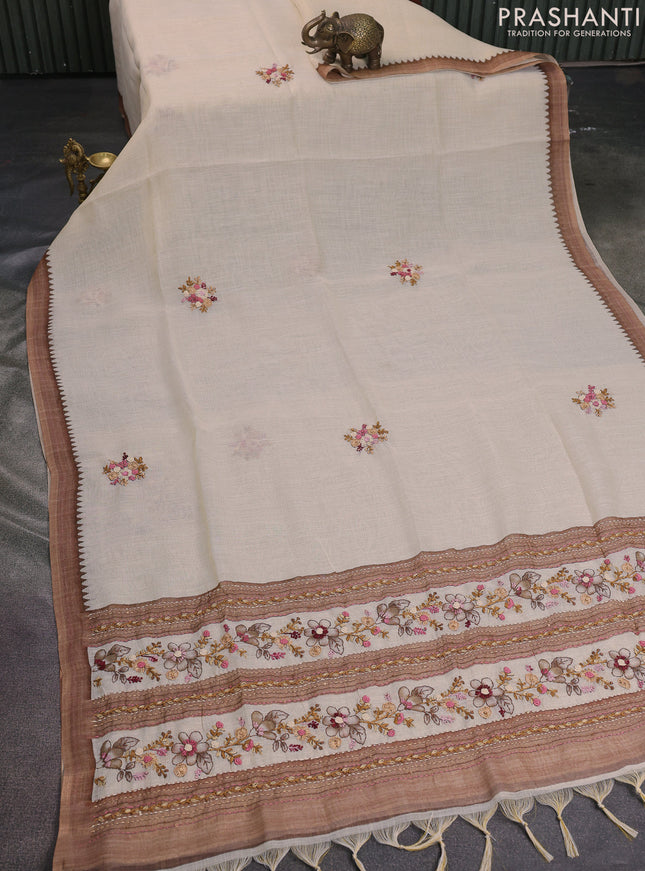 Linen cotton saree cream and brown with kantha stitch work and zari woven border