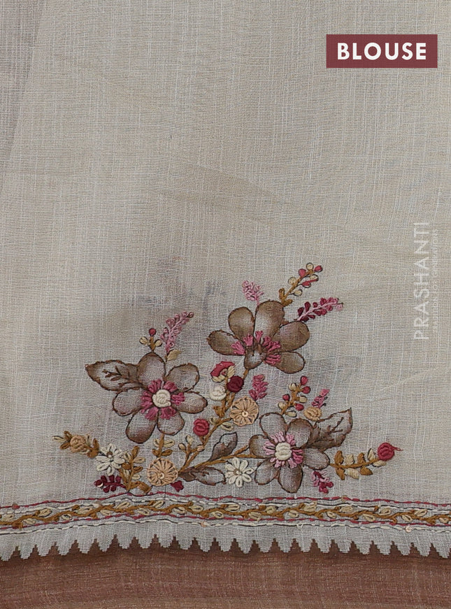 Linen cotton saree cream and brown with kantha stitch work and zari woven border