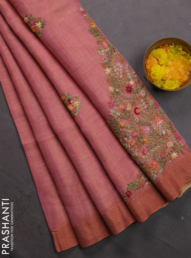 Linen cotton saree peach pink with kantha stitch work and printed border