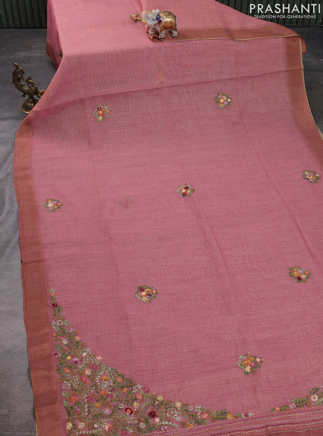 Linen cotton saree peach pink with kantha stitch work and printed border