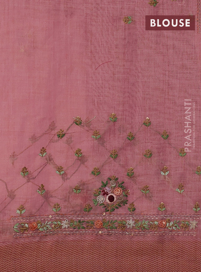 Linen cotton saree peach pink with kantha stitch work and printed border
