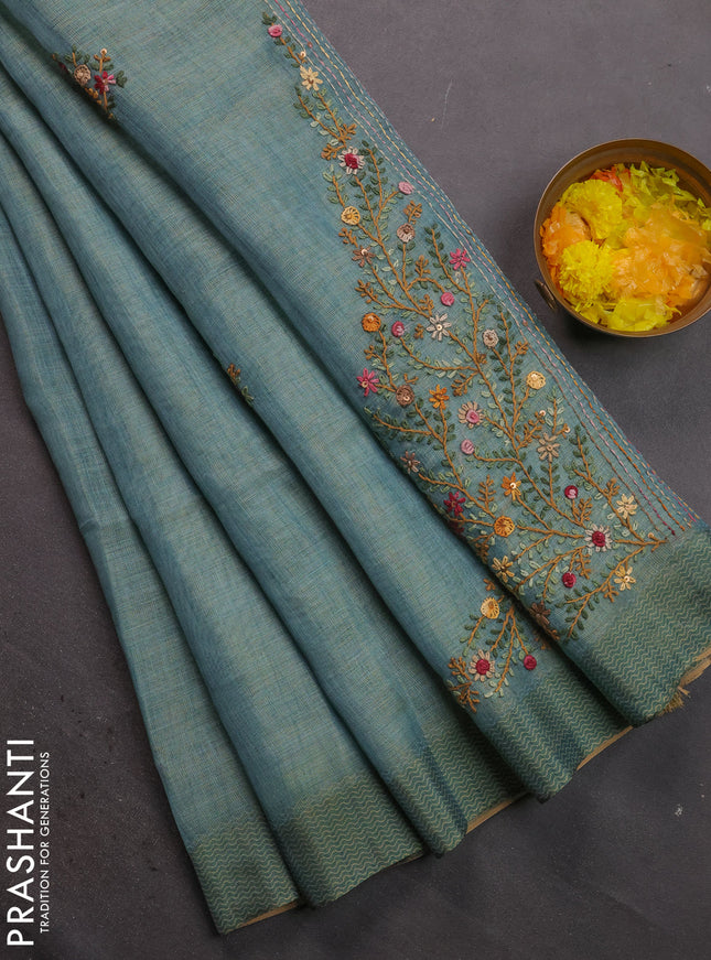 Linen cotton saree pastel blue with kantha stitch work and printed border