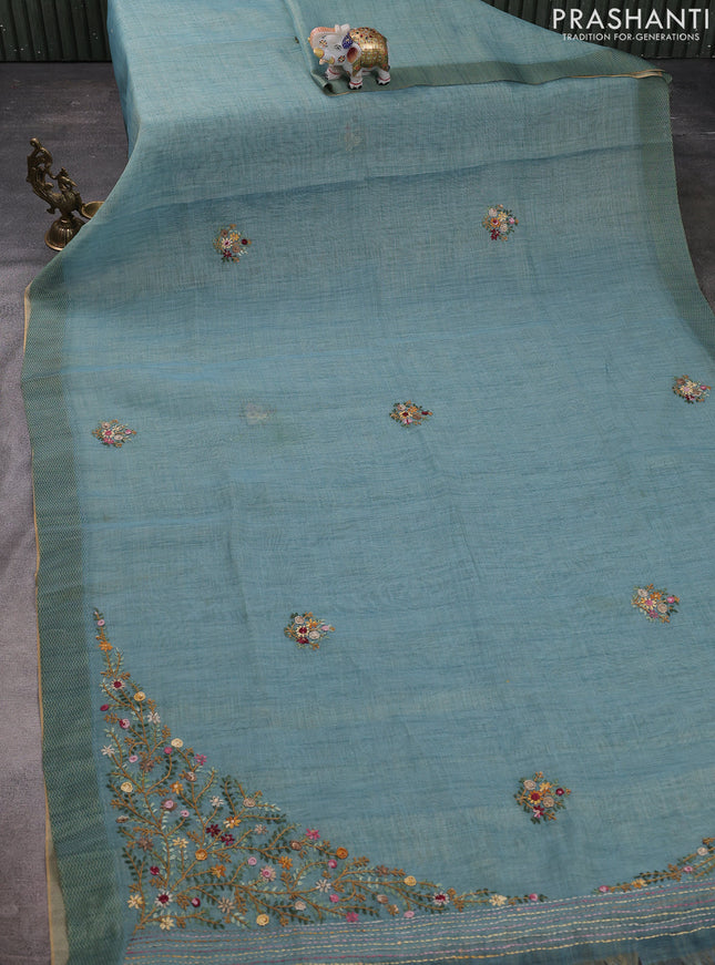 Linen cotton saree pastel blue with kantha stitch work and printed border