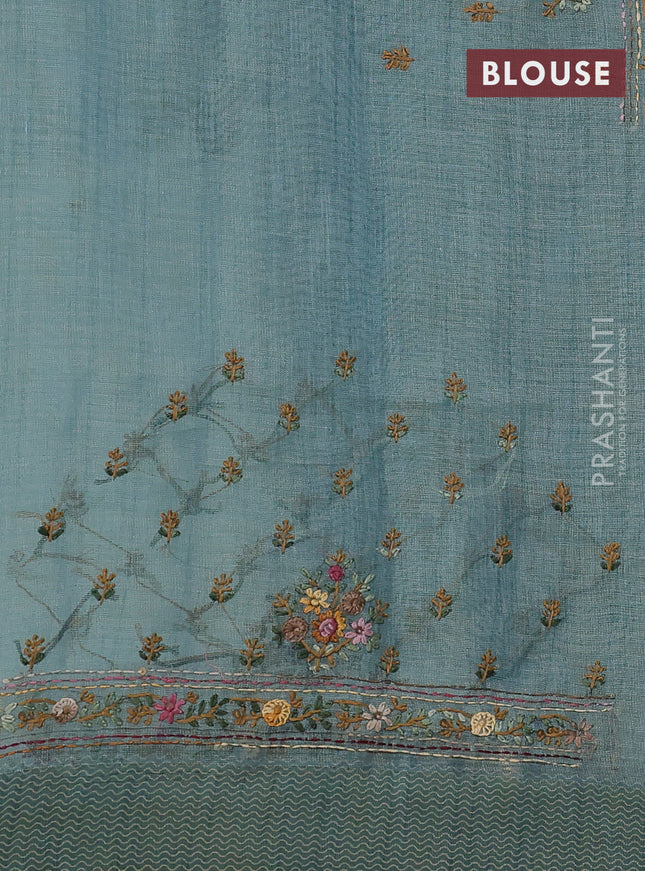 Linen cotton saree pastel blue with kantha stitch work and printed border