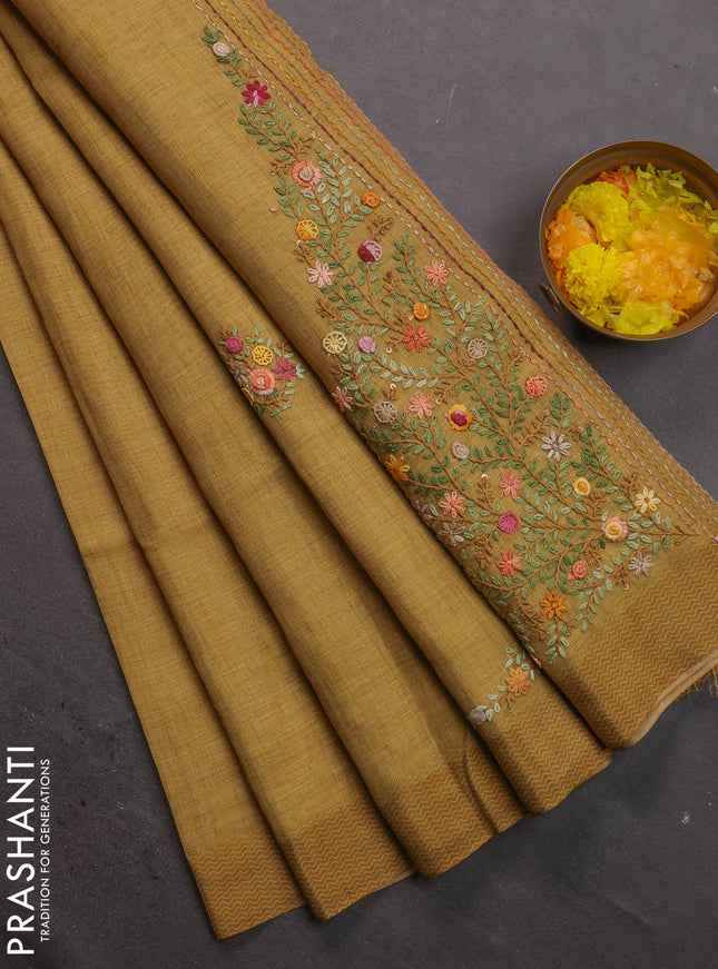 Linen cotton saree mustard shade with kantha stitch work and printed border