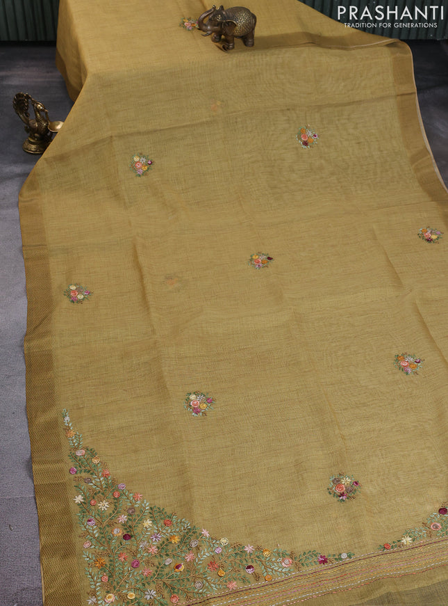 Linen cotton saree mustard shade with kantha stitch work and printed border